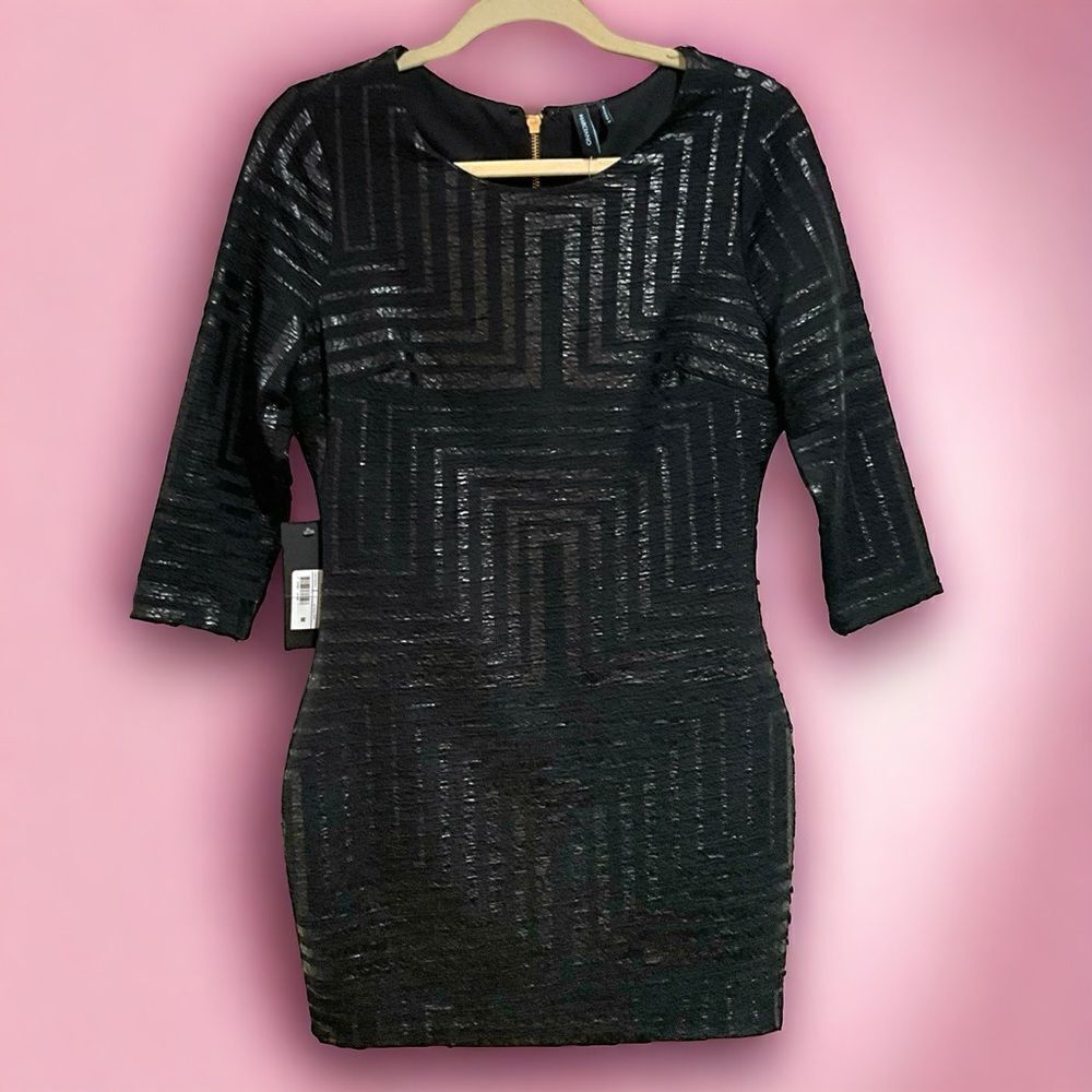 MARCIANO Jet Black and Silver Body Con Mini Party Dress Size M NWT